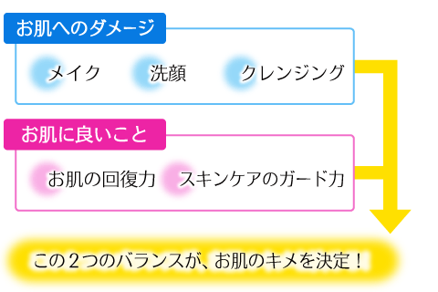 メイク・クレンジング・洗顔などによるダメージ！お肌自身の回復力＋基礎化粧品の保護力！この２つのバランスがお肌のキメを決定！