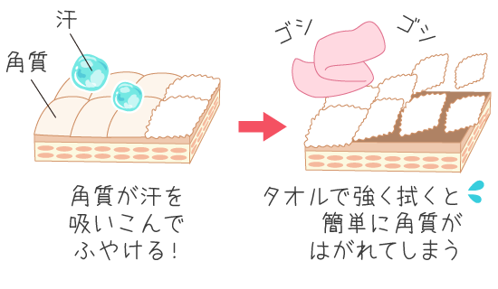 汗でふやけた肌をタオルで擦ると、簡単に角質が剥がれてしまう。