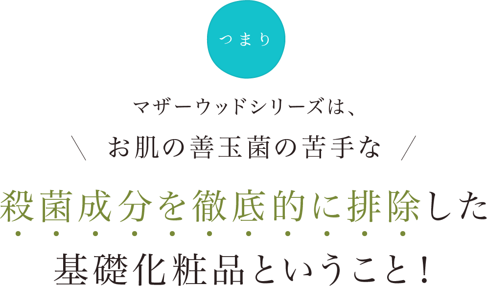 つまりマザーウッドシリーズは、お肌の善玉菌の苦手な殺菌成分を徹底的に排除した基礎化粧品ということ！